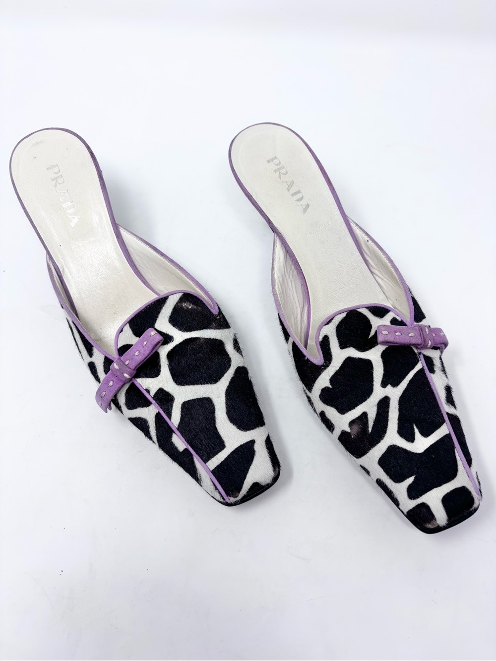 Vintage Prada Giraffe Print Calf Hair Kitten Heel Mule Square Toe Bow Archive 38 - Picture 2 of 11